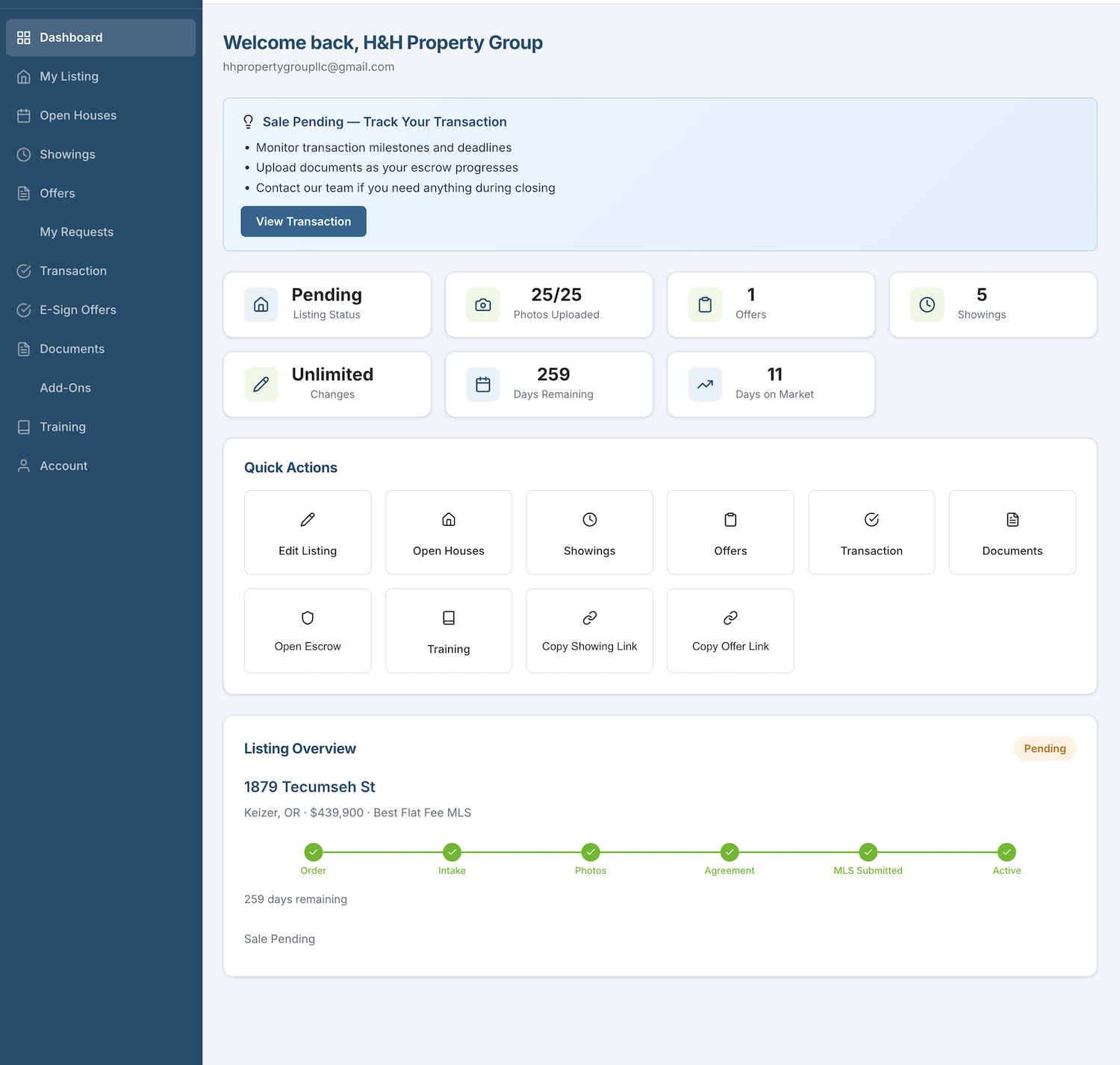 ByOwnerOregon seller dashboard showing listing status, photos uploaded, offers, showings, and quick actions