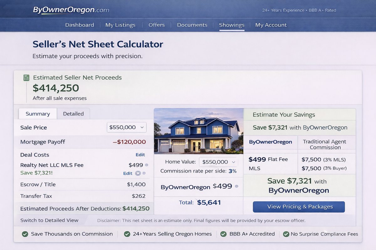 ByOwnerOregon net sheet calculator showing estimated seller proceeds